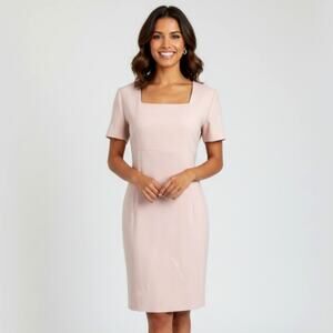 Vintage 80s Square Neck Sheath Dress Dusty Pink Short Sleeve Cocktail Pencil